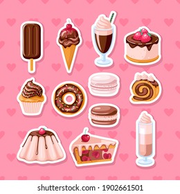 set of chocolate sweet food. Donut, ice cream, muffin, smoothies, macaroons and candies with chocolate topping. Vector illustration