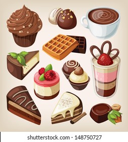 Set of chocolate sweets, cakes and other chocolate food