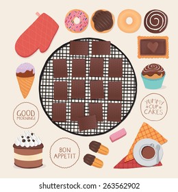 Set of chocolate sweets, cakes and other chocolate food.