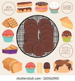 Set of chocolate sweets, cakes and other chocolate food.
