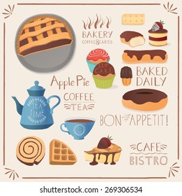 Set of chocolate sweets, cakes and other chocolate food