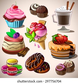Set of chocolate sweets, cakes and other sweet food