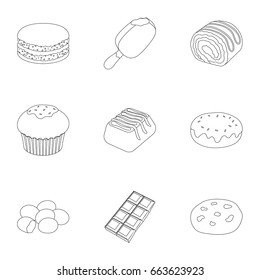 A set of chocolate sweets. Chocolate desserts icon in set collection on outline style vector symbol illustration.