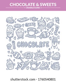 Set of chocolate and sweets food. Sweet dessert and food art elements for kitchen or menu. Ice cream, bakery, cake, tea, chocolate,  croissant, pancakes etc.