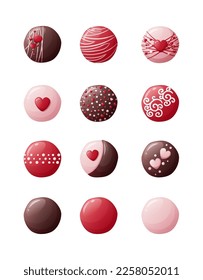 Set of chocolate sweets on an isolated background. Sweets for Valentine's Day with delicious icing and decorations. Vector icons, stickers,