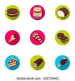 A set of chocolate sweets. Chocolate products for people. Chocolate desserts icon in set collection on flat style vector symbol stock illustration.