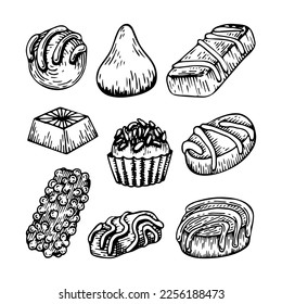 Set chocolate sweets sketch. Candy, truffle, bar, praline. Delicious dessert. Chocolate candies with filling. Yummy. Cocoa product. Hand drawn vector doodle illustration.