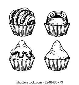 Set chocolate sweets sketch. Confectionery food, candy, truffle, candy bar. Delicious dessert. Candies with sprinkles. Yummy. Cocoa bean product. Hand drawn vector doodle illustration.
