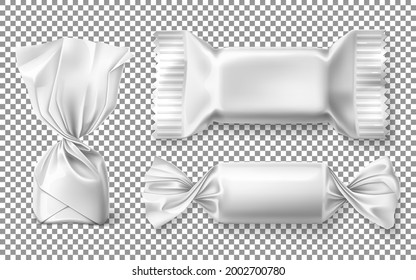 Set of chocolate sweets in wrapper. Mockup for design candy on a transparent background. Realistic vector illustration.