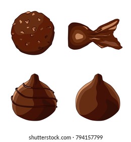 A set of chocolate truffles, round chocolate candy with nuts and chocolate truffles in a wrapper. A set of elements for the design of the confectionery logo. Hand drawing. Vector illustration.