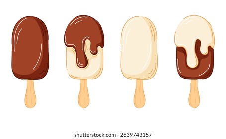 Set of chocolate and vanilla ice cream bars on sticks with coating and melting toppings in cartoon style. Perfect for summer dessert menu, packaging and sweet treat design.