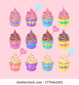 set of chocolate, vanilla and pink strawberry cupcakes with sprinkles. vector illustration