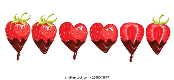 A set chocolate  covered strawberries Heart  shaped strawberries  cut in half   whole strawberries Vector illustration 