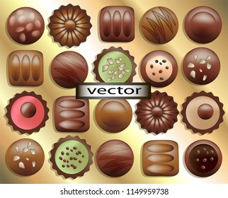 Set of chocolates in a box on a gold substrate on a white background of natural 3D view