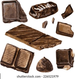 set of chocolates drawing by watercolor at white background, hand drawn design elements