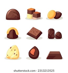 Set of chocolates in a flat design style, rendered as minimalistic vector graphics on a clean white background. Collection of chocolate bars, truffles, and other chocolate treats