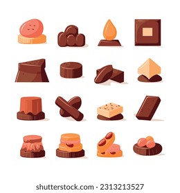 Set of chocolates in a flat design style, rendered as minimalistic vector graphics on a clean white background. Collection of chocolate bars, truffles, and other chocolate treats