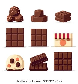 Set of chocolates in a flat design style, rendered as minimalistic vector graphics on a clean white background. Collection of chocolate bars, truffles, and other chocolate treats