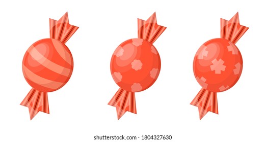 A set of chocolates isolated on a white background. Round peach-colored candies with different wrappers. Vector illustration in cartoon style. A sweet gift for the children on holiday.