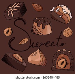 Set of chocolates nuts and almonds and hazelnuts. Isolated elements. Lettering sweet. Vector graphic hand drawing