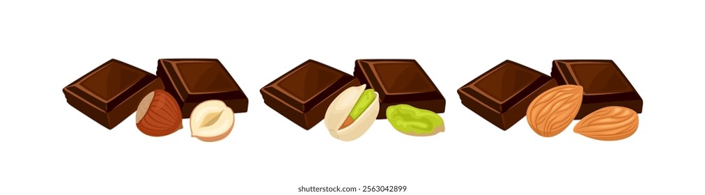 Set of chocolates with nuts.Vector cartoon flat illustration of sweet food.