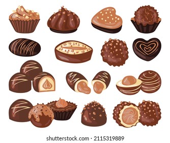 A set of chocolates of various flavors and shapes. Vector illustration isolated on white background. For postcards, invitations, shop, cafe, banner, advertising.