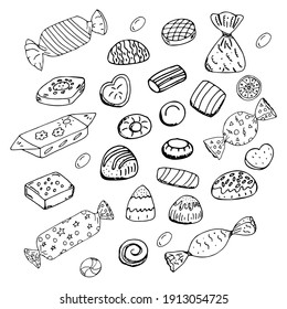 A set of chocolates in a wrapper and without a wrapper on a white background. Doodle style. Vector illustration. Hand drawing.