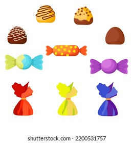 A set of chocolates in wrappers and without them, can be used for leaflets, postcards, menus, greetings and covers, vector illustration