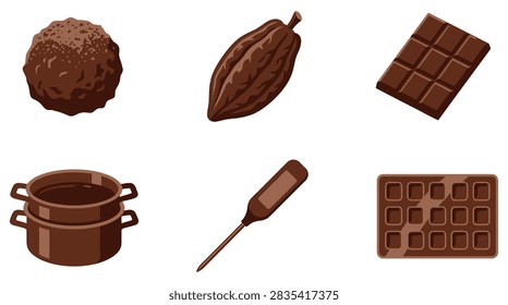 Set of chocolatier crafting tools cocoa pod chocolate bar melting pot candy thermometer chocolate mold truffles flat vector