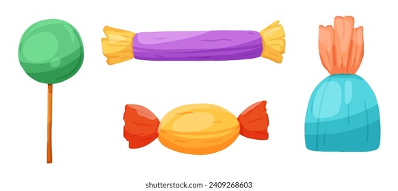 Set with chololate candy in wrapping paper and lollipop. Vector illustration