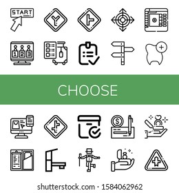 Set of choose icons. Such as Click, Candidates, Junction, Check out, Intersection, Done, Direction, Directions, Color picker, Check, Choose, Crossroads, Tap, Checked box , choose icons