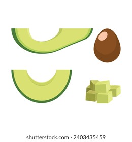 A set of chopped avocado. Avocado cut lengthwise, crosswise and into cubes. An avocado pit. Vector illustration isolated on a white background for des