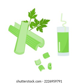 Set of chopped celery and juice. Flat style. Vector illustration 