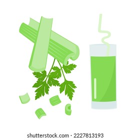 Set of chopped celery and juice. Flat style. Vector illustration 