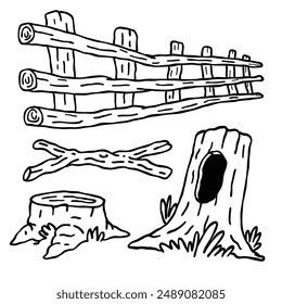 a set of chopped tree with a hole and wooden objects line art drawing illustration