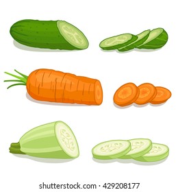 Set chopped vegetables isolated on white background. Vector illustration. Cut circles of cucumber, carrot, zucchini.