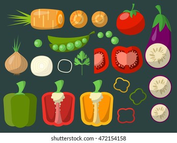 Set of chopped vegetables on a green background for your design. Vector illustration