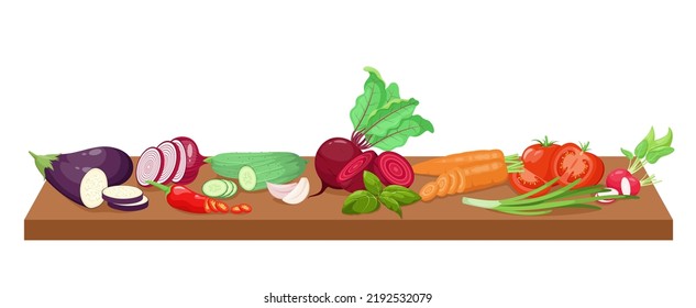 A set of chopped vegetables on the table. Cartoon design.

