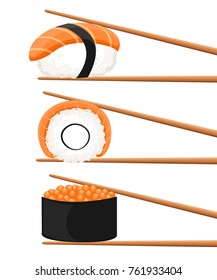 set of chopsticks holding sushi roll. concept of snack, susi, exotic nutrition, sushi restaurant, sea food. isolated on white background. flat style trend modern logotype design vector illustration.