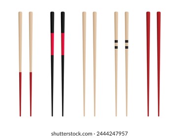 Ein Satz Stäbchen. Japanischer Sushi-Stock, Chinesisch, asiatisches Essen. Ein farbiger Stäbchen. Traditionelle asiatische Bambus-Utensilien gefärbt Essstäbchen. Vektorillustration