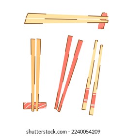Set of chopsticks for sushi in different colors on coasters isolated on white background in cartoon style