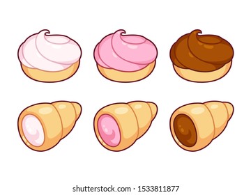 Set of choux bun and cream horn drawings. Traditional baked pastry filled with vanilla, strawberry and chocolate frosting. Hand drawn cartoon style vector illustration.