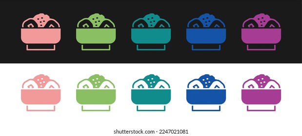 Set Chow mein on plate icon isolated on black and white background. Asian food.  Vector