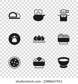 Set Chow mein on plate, Asian noodles bowl, Soy sauce, Dumpling, paper box, Sushi, Traditional tea ceremony and Wonton icon. Vector