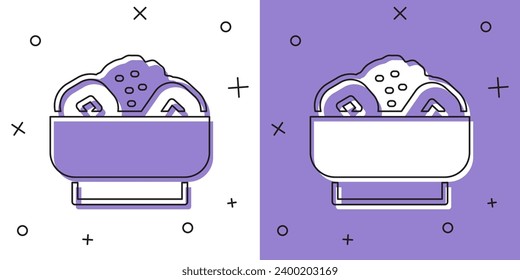 Set Chow mein on plate icon isolated on white and purple background. Asian food.  Vector