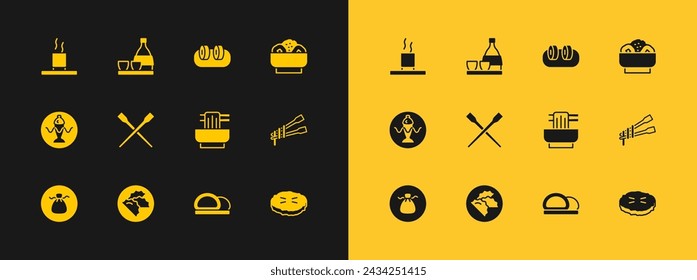 Set Chow mein on plate, Dumpling, Asian noodles bowl, Sushi, Food chopsticks, Cup of tea and Bottle sake icon. Vector