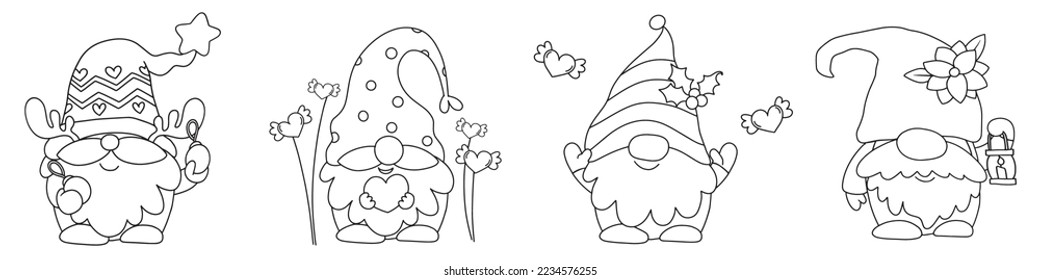 Set of  Chrismas gnomes collection for coloring. Isolated items. Scandinavian Christmas