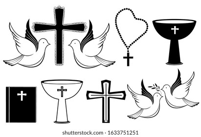 Set of christian black white icons for Christening, Resurrection, Easter. Cross, dove, rosary, baptismal bowl, Bible.