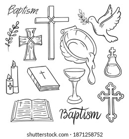 Ensemble d'icônes chrétiennes en noir et blanc pour le baptême, Résurrection. Symboles dessinés à la main du Baptême. Croix, colombe, bol baptismal, Bible. : image vectorielle de stock