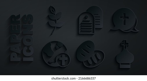 Set Christian bread, cross, with globe, church tower, Holy bible book and Willow leaf icon. Vector